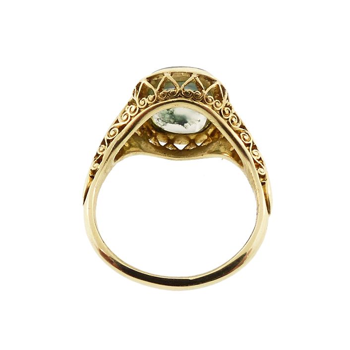 Edwardian 14K Gold Filigree &amp; Moss Agate Ring by Larter