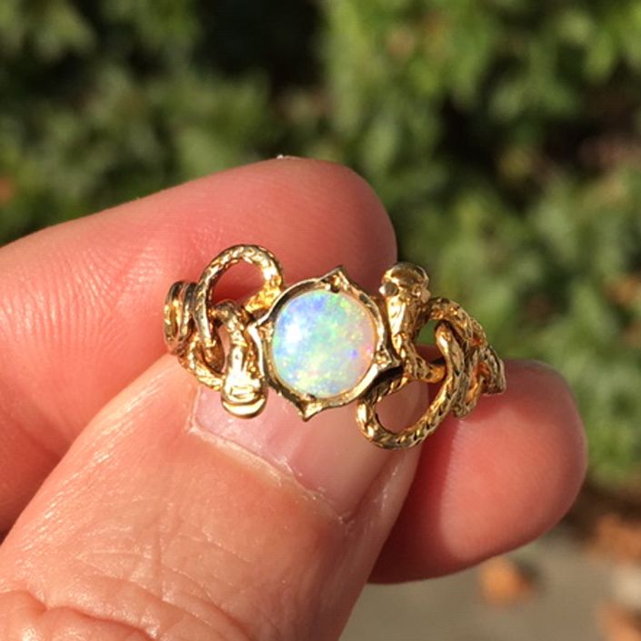 Art Nouveau 14K Gold &amp; Opal Snake Ouroboros Ring