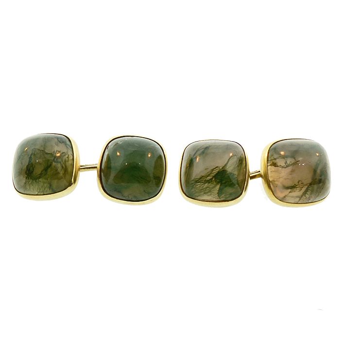 Art Deco 14K Gold &amp; Moss Agate Cabochon Cufflinks