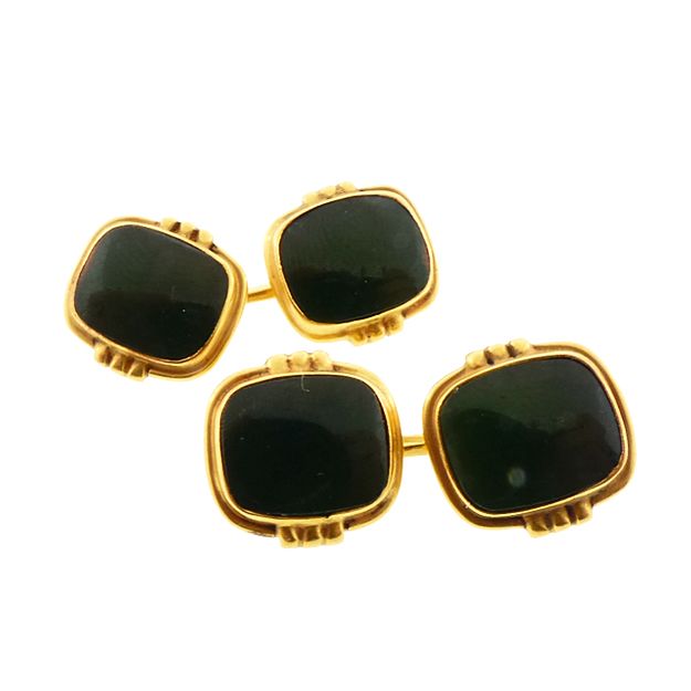 Art Deco 14K Gold & Dark Green Jasper Cufflinks