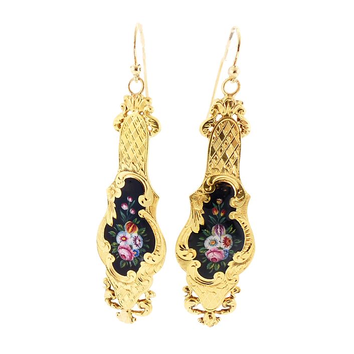 French Victorian 18K Gold &amp; Shaded Enamel Earrings