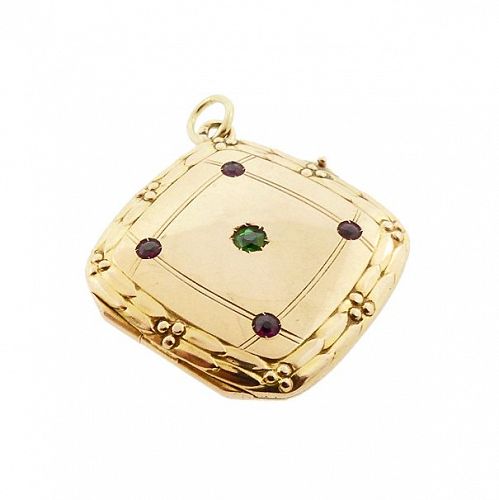 Edwardian 14K Gold, Ruby & Demantoid Garnet Square Locket