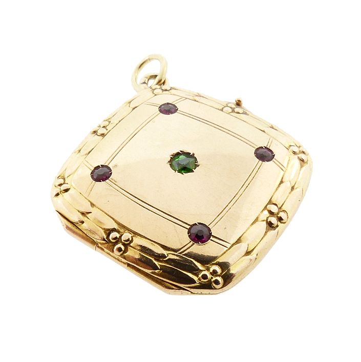 Edwardian 14K Gold, Ruby &amp; Demantoid Garnet Square Locket