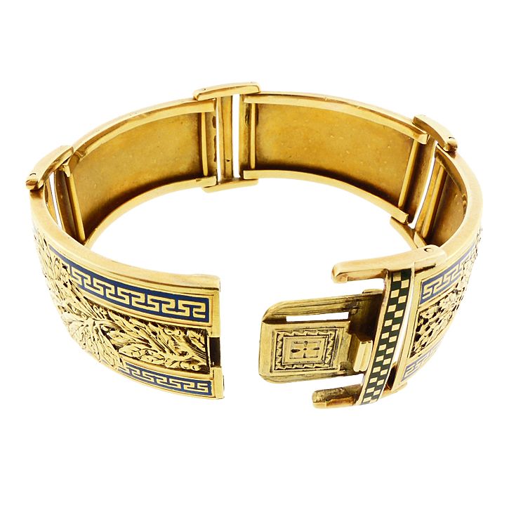 French Victorian 18K Gold &amp; Champleve Enamel Hinged Bangle Bracelet