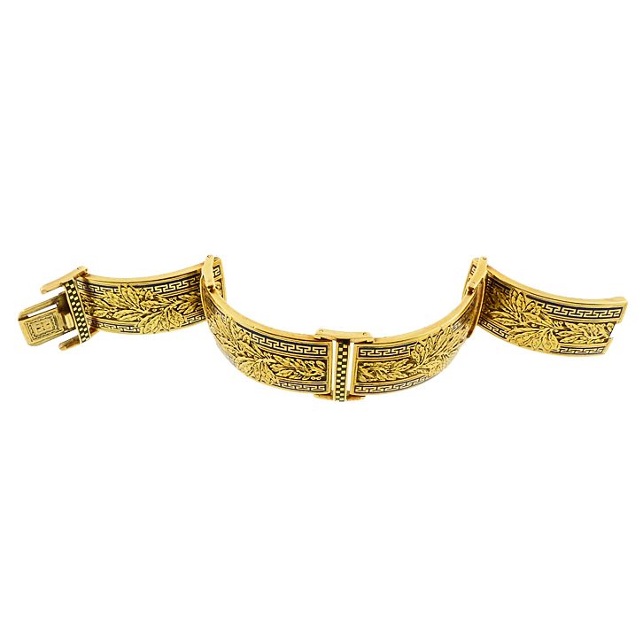 French Victorian 18K Gold &amp; Champleve Enamel Hinged Bangle Bracelet