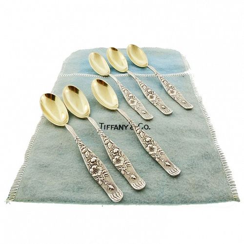 6 Tiffany Sterling Silver VINE WILD ROSE Demitasse Spoons