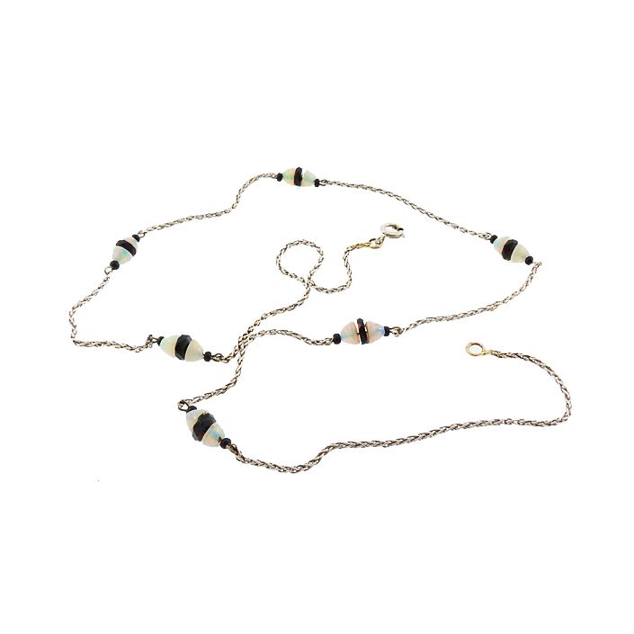 French Art Deco 18K Gold, Opal & Onyx Station Chain Necklace