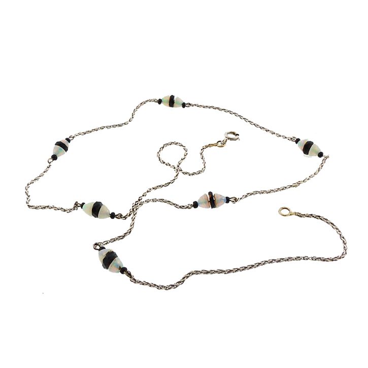 French Art Deco 18K Gold, Opal &amp; Onyx Station Chain Necklace