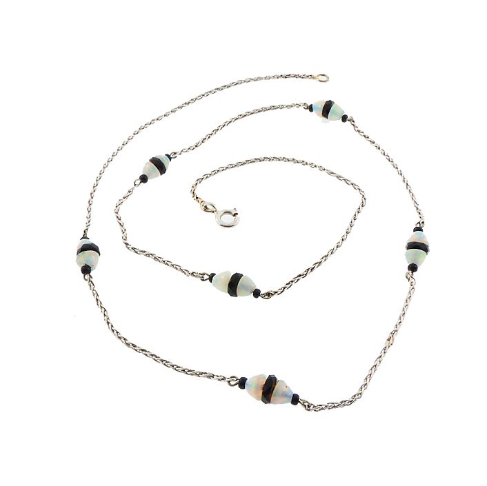 French Art Deco 18K Gold, Opal &amp; Onyx Station Chain Necklace
