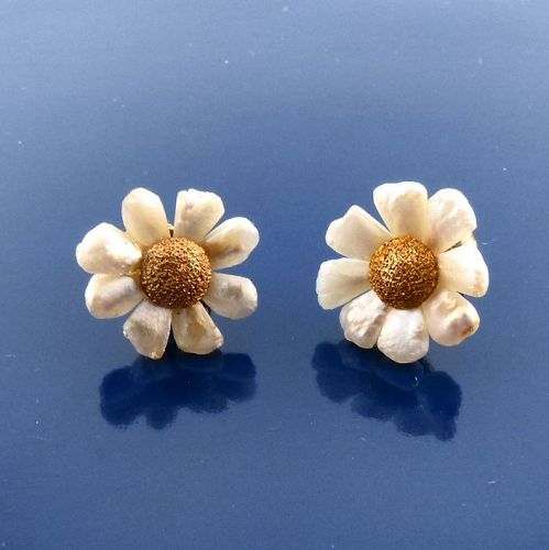 Art Nouveau 14K Gold, River Pearl & Diamond Stud Earrings