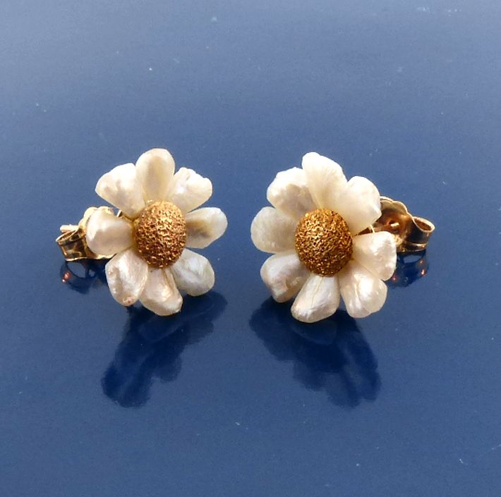 Art Nouveau 14K Gold, River Pearl &amp; Diamond Stud Earrings