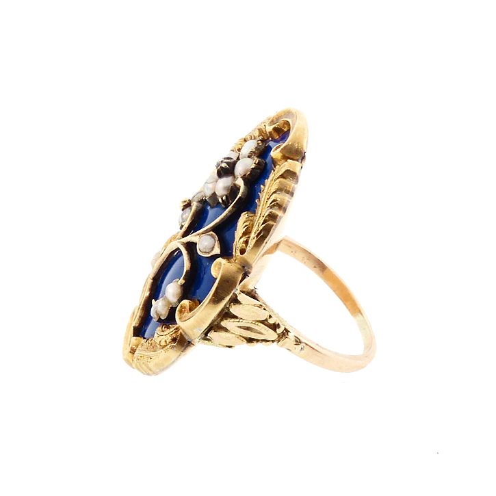 Georgian 18K Gold, Enamel, Seed Pearl &amp; Diamond Pansy Ring