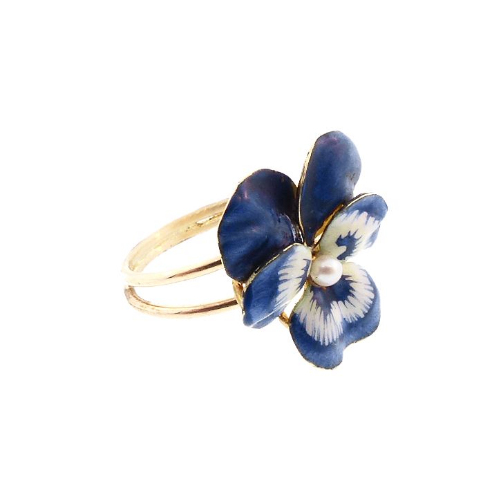 Art Nouveau Enameled 14K Gold &amp; Pearl Pansy Conversion Ring