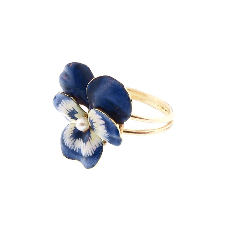 Art Nouveau Enameled 14K Gold &amp; Pearl Pansy Conversion Ring