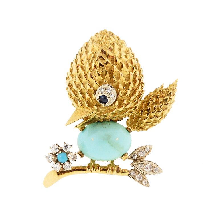 Mid-Century 18K Gold, Diamond, Sapphire &amp; Turquoise Bird Brooch