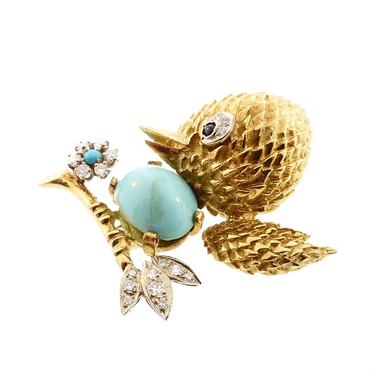 Mid-Century 18K Gold, Diamond, Sapphire &amp; Turquoise Bird Brooch