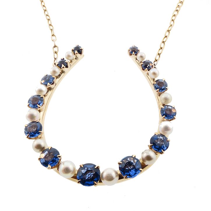 14K Gold, Sapphire &amp; Pearl Horseshoe Good Luck Necklace