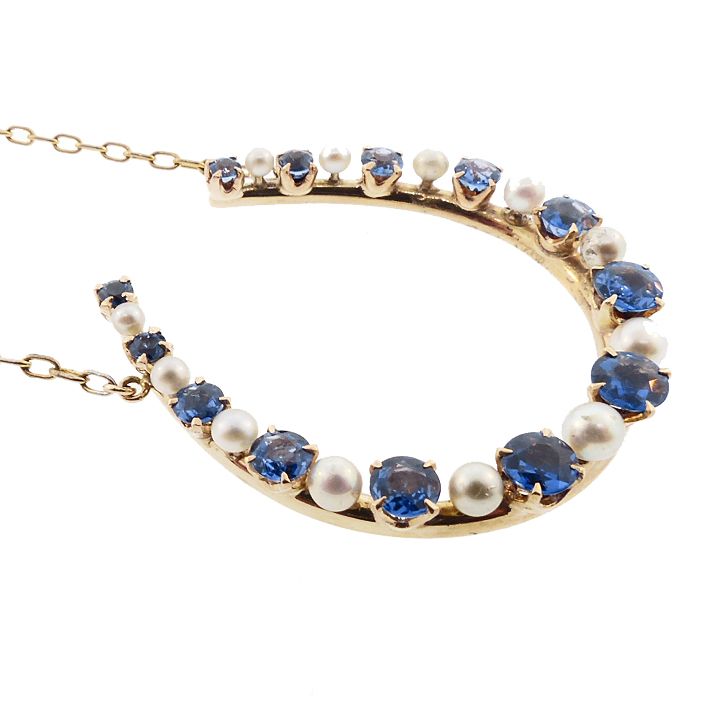 14K Gold, Sapphire &amp; Pearl Horseshoe Good Luck Necklace