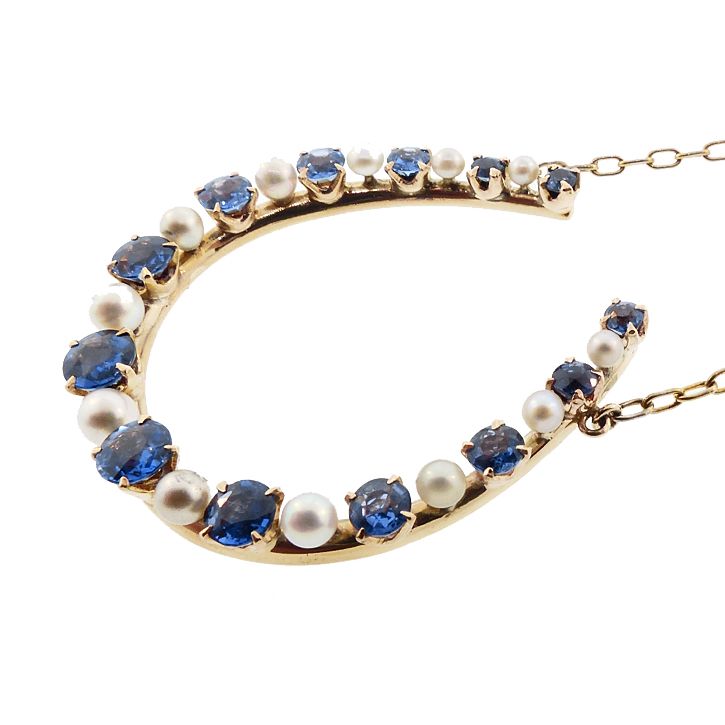 14K Gold, Sapphire &amp; Pearl Horseshoe Good Luck Necklace