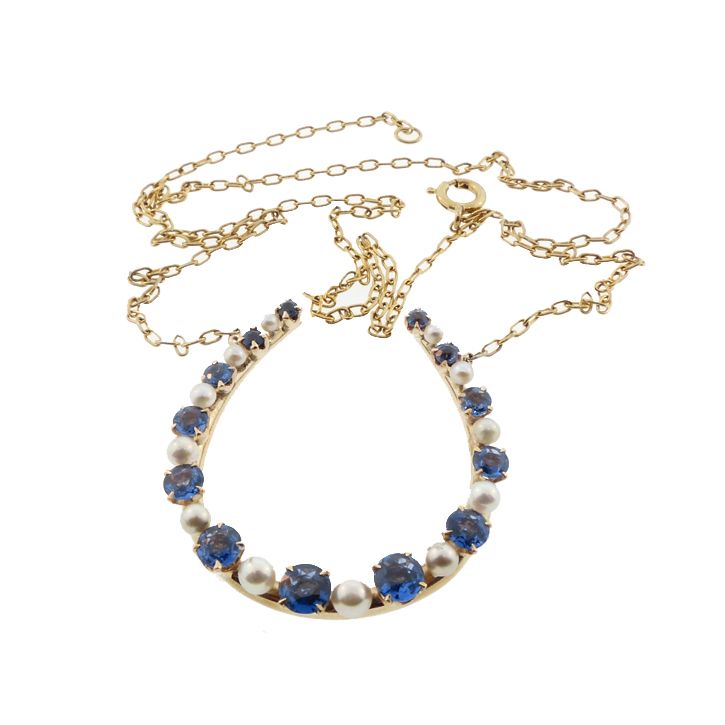 14K Gold, Sapphire &amp; Pearl Horseshoe Good Luck Necklace