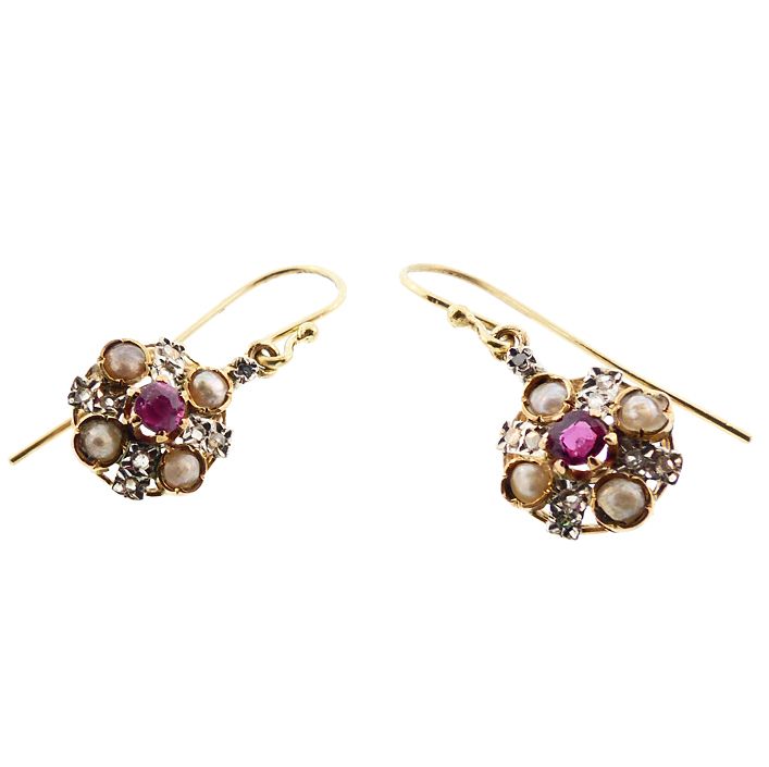 18K Gold, Platinum, Ruby, Rosecut Diamond &amp; Pearl Drop Earrings