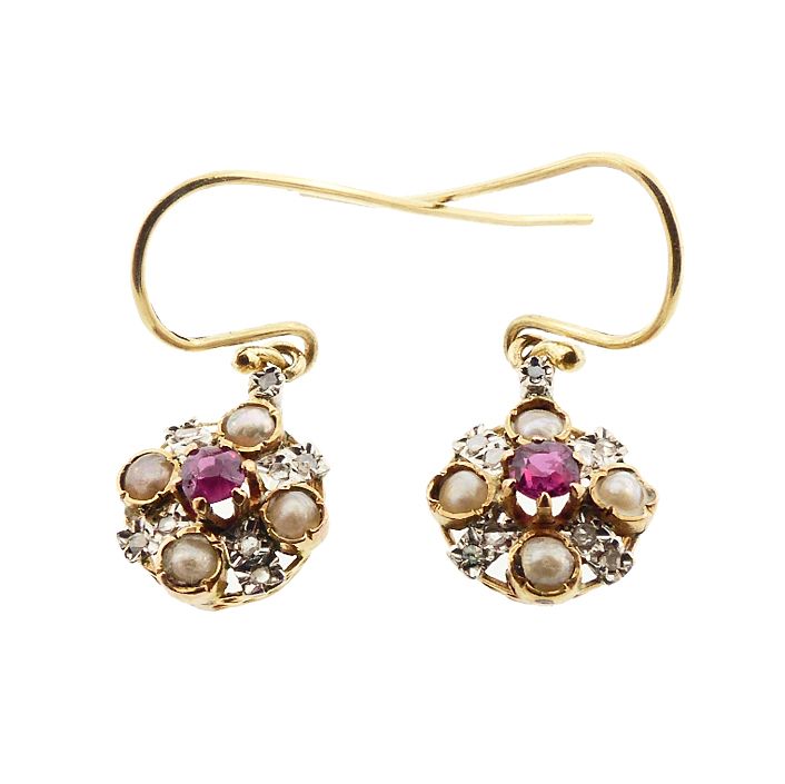 18K Gold, Platinum, Ruby, Rosecut Diamond &amp; Pearl Drop Earrings