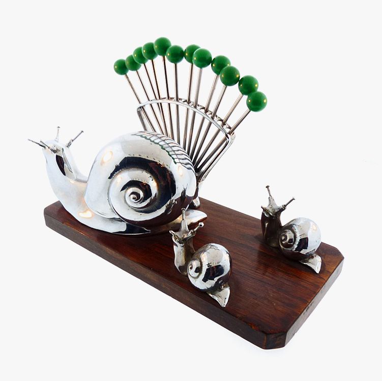 French Art Deco Chrome &amp; Bakelite Triple Snail Cocktail Pick Set