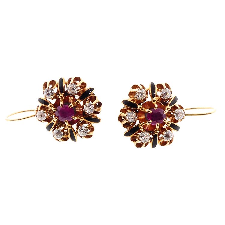 Victorian 14K Gold, Ruby, Diamond &amp; Enamel Earrings