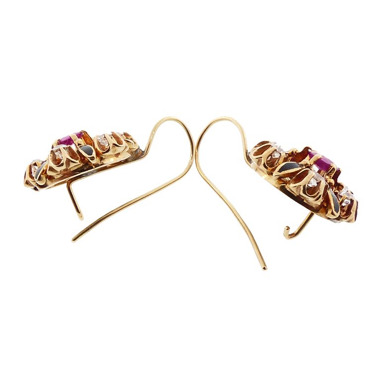 Victorian 14K Gold, Ruby, Diamond &amp; Enamel Earrings