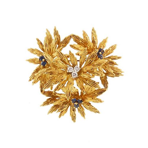 Tiffany 18K Gold, Diamond & Sapphire Vintage Floral Brooch