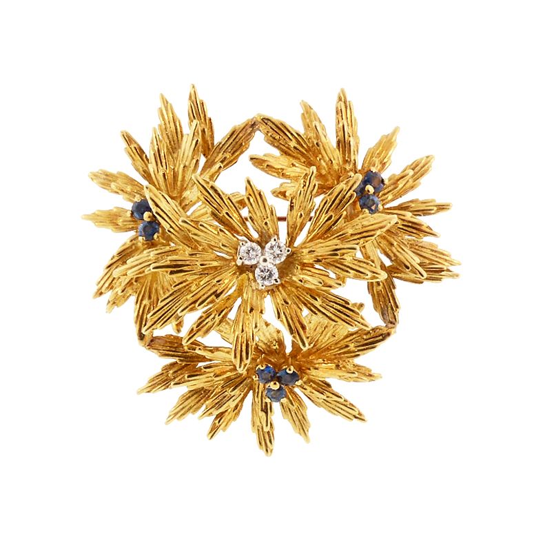 Tiffany 18K Gold, Diamond &amp; Sapphire Vintage Floral Brooch