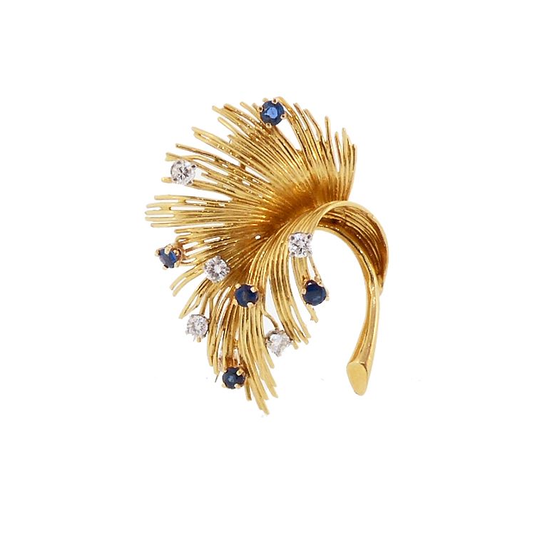 Tiffany 18K Gold, Diamond & Sapphire Vintage Leaf Pin