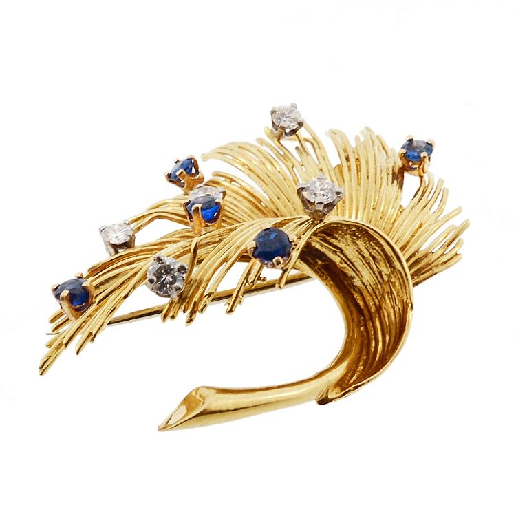 Tiffany 18K Gold, Diamond &amp; Sapphire Vintage Leaf Pin