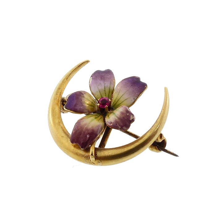 Art Nouveau 14K Gold, Enamel &amp; Ruby Violet Honeymoon Pin