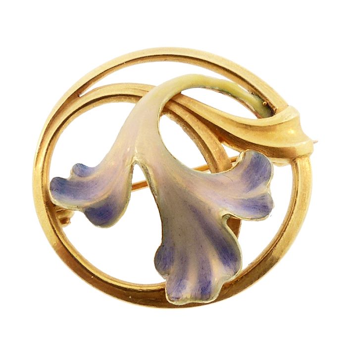 Art Nouveau 14K Gold &amp; Enamel Orchid Blossom Circle Pin