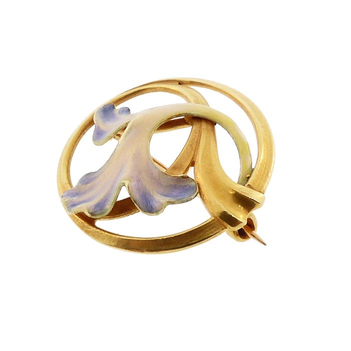 Art Nouveau 14K Gold &amp; Enamel Orchid Blossom Circle Pin