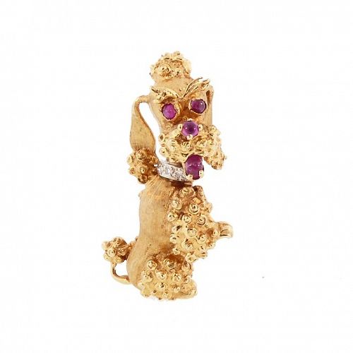 Vintage 14K Gold, Diamond & Ruby Begging Poodle Brooch