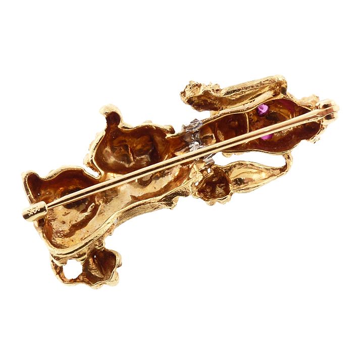 Vintage 14K Gold, Diamond &amp; Ruby Begging Poodle Brooch