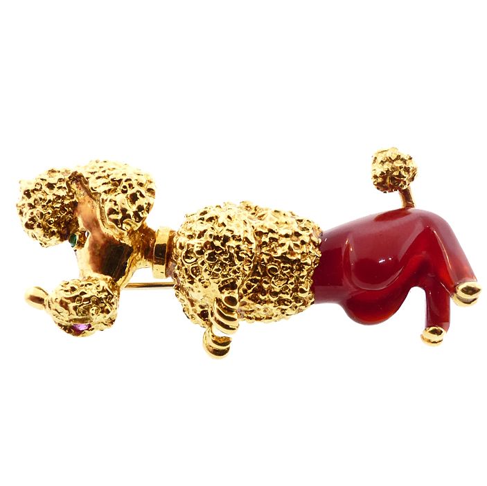 Vintage French 18K Gold, Carnelian, Ruby &amp; Emerald Poodle Pin