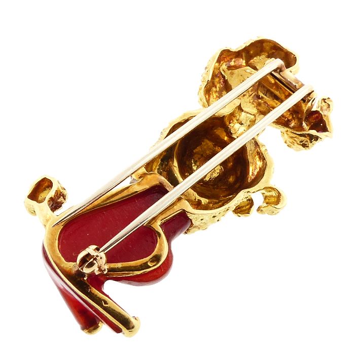 Vintage French 18K Gold, Carnelian, Ruby &amp; Emerald Poodle Pin