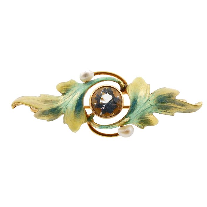 Art Nouveau 14K Gold, Enamel &amp; Aquamarine Pin by Krementz