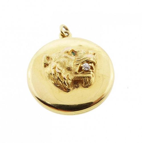 Victorian 18K Gold, Diamond & Emerald Lion Locket