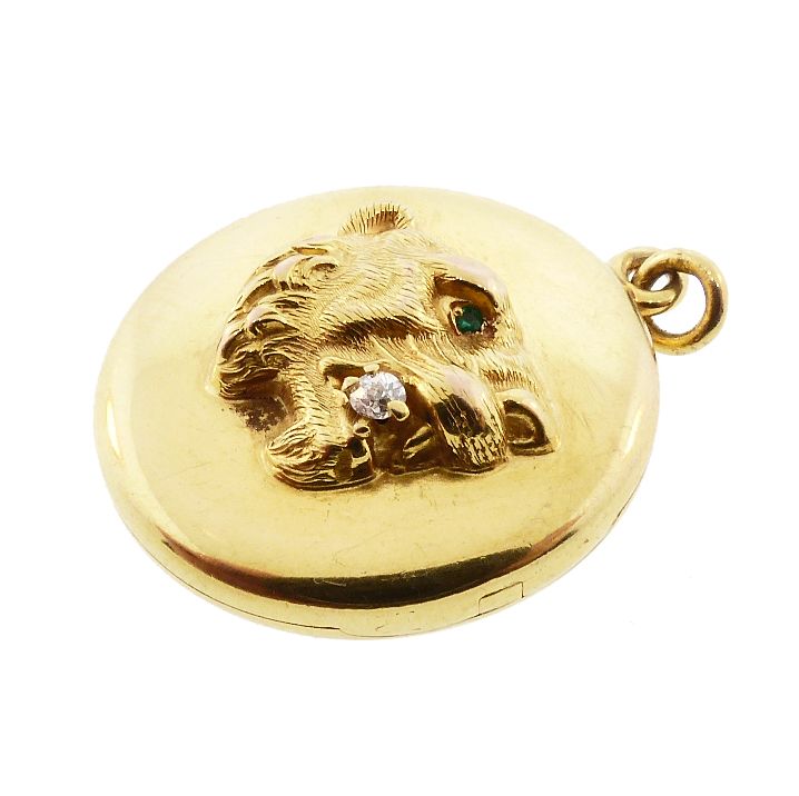 Victorian 18K Gold, Diamond &amp; Emerald Lion Locket