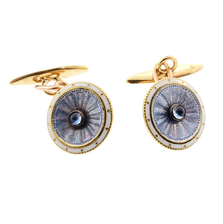 Edwardian 18K Gold, Champleve Enamel &amp; Sapphire Cufflinks