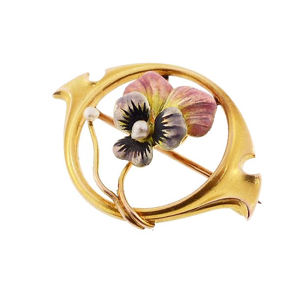 Art Nouveau Enameled Pansy &amp; Pearl 10K Gold Pin
