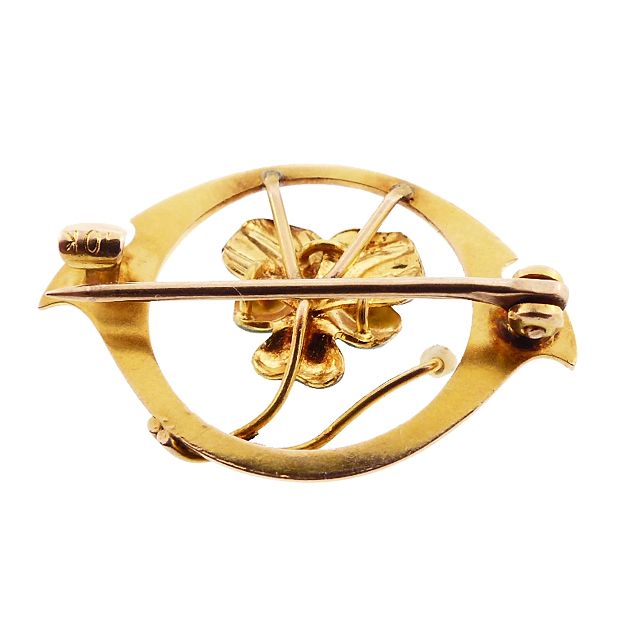 Art Nouveau Enameled Pansy &amp; Pearl 10K Gold Pin