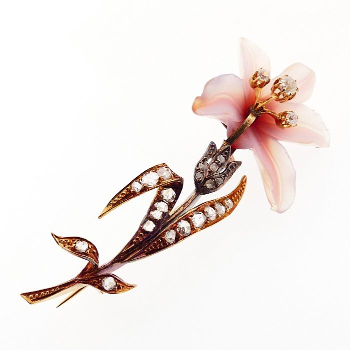 French Art Nouveau 18K Gold, Diamond &amp; Carved Hardstone Orchid Brooch
