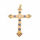 Victorian 14K Gold, Diamond, Sapphire & Pearl Cross Crucifix Pendant