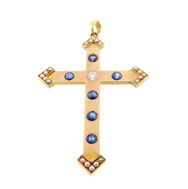 Victorian 14K Gold, Diamond, Sapphire &amp; Pearl Cross Crucifix Pendant