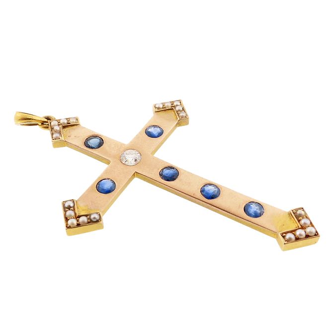 Victorian 14K Gold, Diamond, Sapphire &amp; Pearl Cross Crucifix Pendant